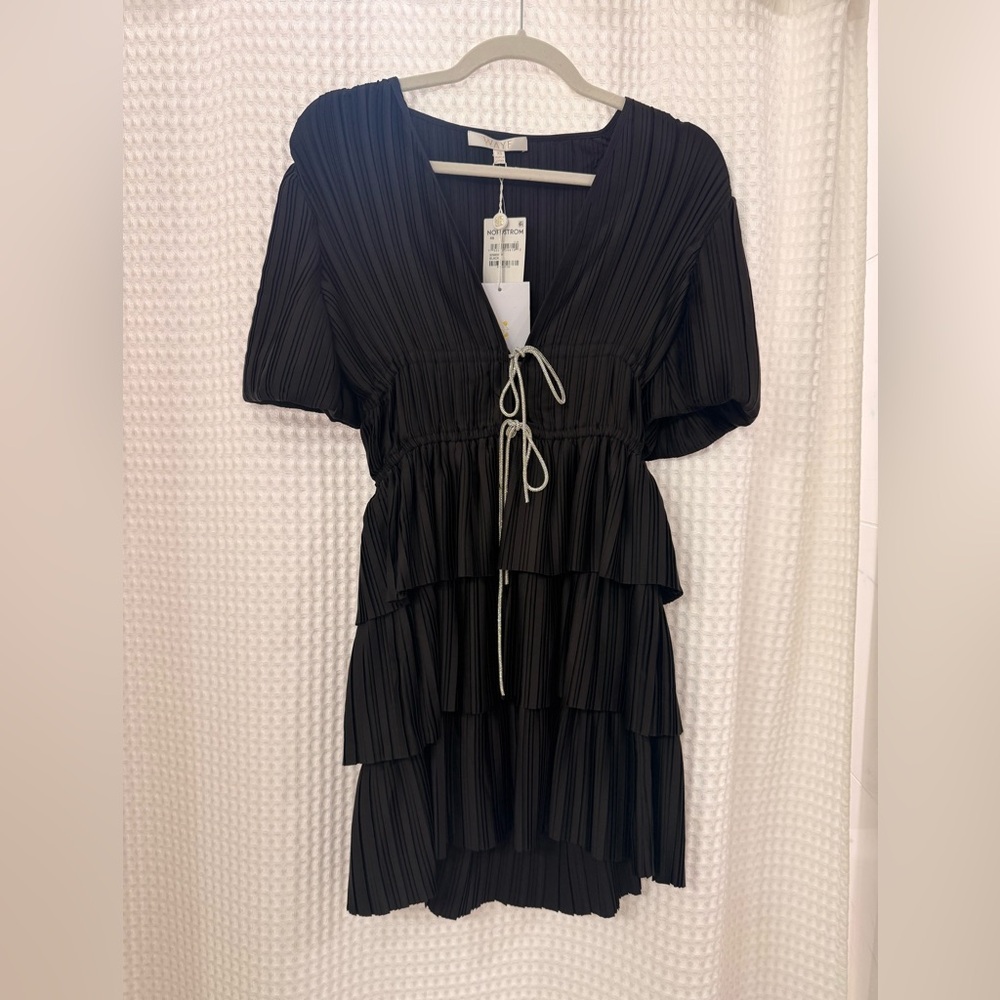 Wayf Black Pleated Tiered V-Neck High-Low Dress